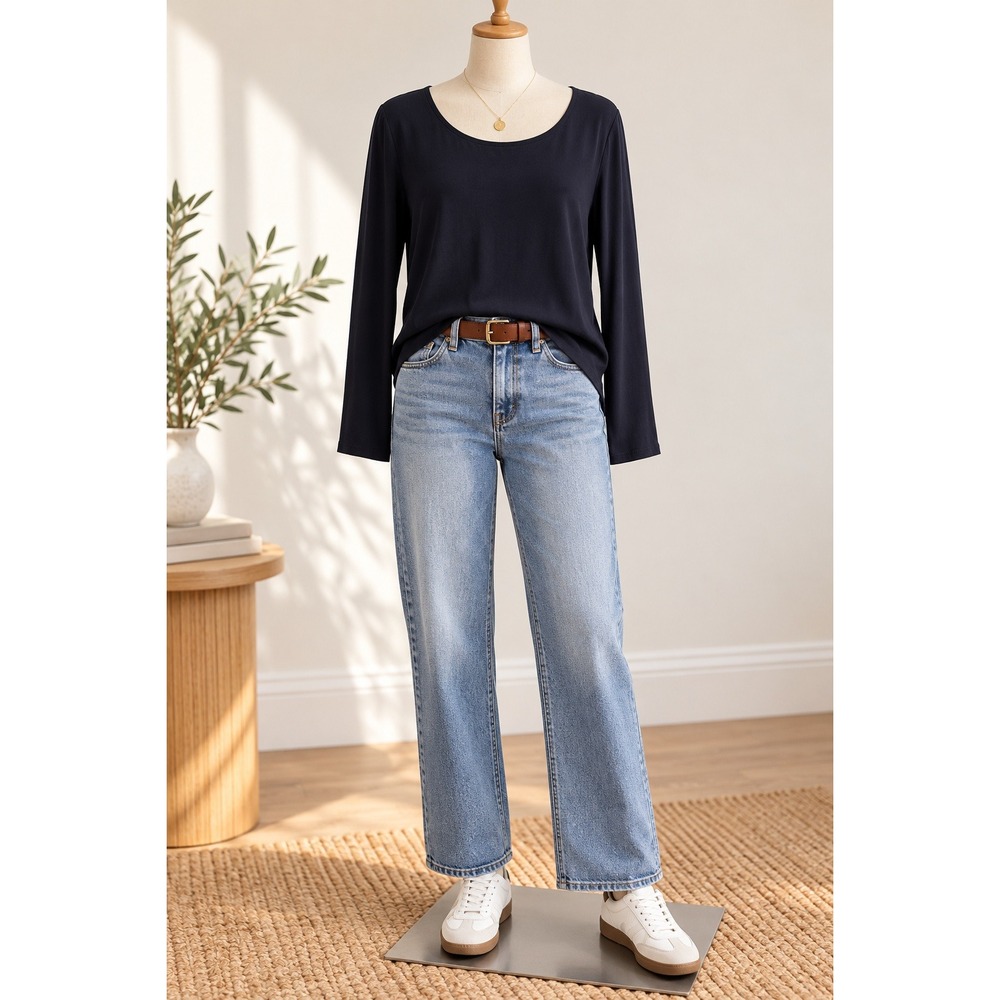 Eileen Fisher Womens Navy Blue 100% Silk Jersey Long Sleeve Scoop Neck Top L